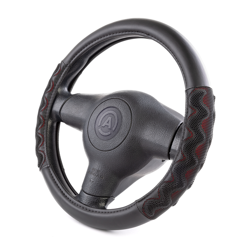 Оплётка руля AUTOPROFI из экокожи AP-1948 BK/RD (M)